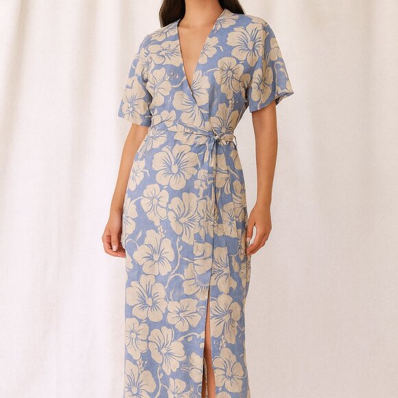 Vintage Donna Morgan Blue Cream Hawaiian Floral Wrap Dress Silk Tropical Midi - Picture 1 of 8